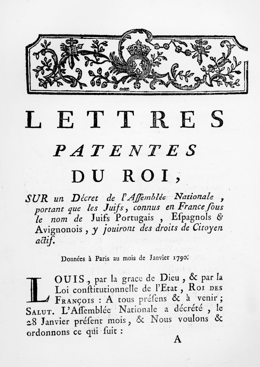 Royal Letters Patent som ger lika rättigheter för portugisiska, spanska och Avignonesiska judar i Frankrike, Paris, 28 januari 1790 (se även 695057) av French School