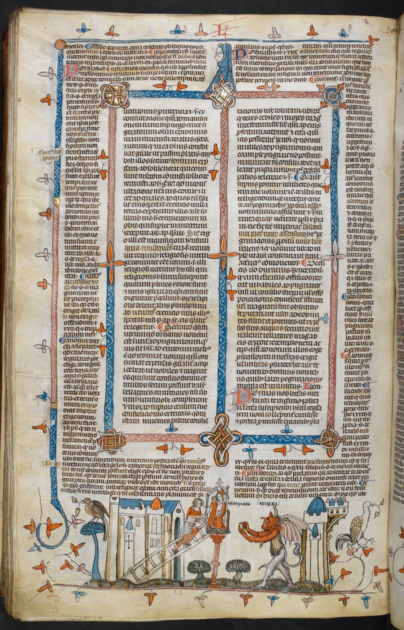 Royal MS 10 E IV, f.209v, The Painter and the Devil, från Decretals of Gregory IX med glans av Bernard av Parma (
