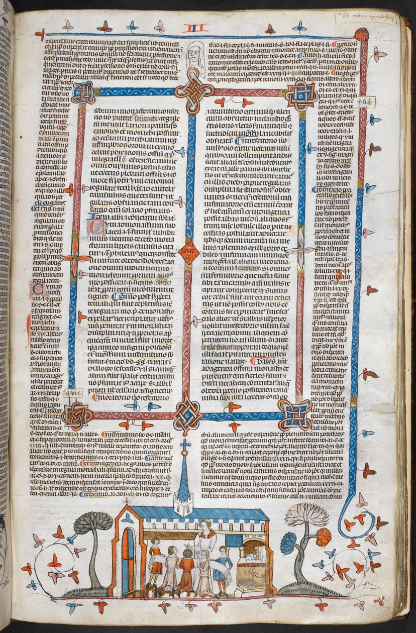 Royal MS 10 E IV f.211r, en bas-de-page scen av kommunikanter vid en mässa, ca 1300-40 (penna & bläck och tempera på pergament) av French School