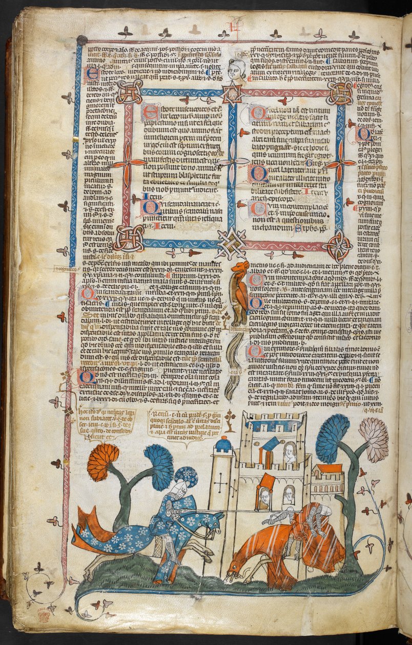 Royal MS 10 E IV f.313v, en bas-de-page-scen där en riddare avhästar en annan inför ett slott, c.1300-40 (penna & bläck och tempera på pergament) av French School
