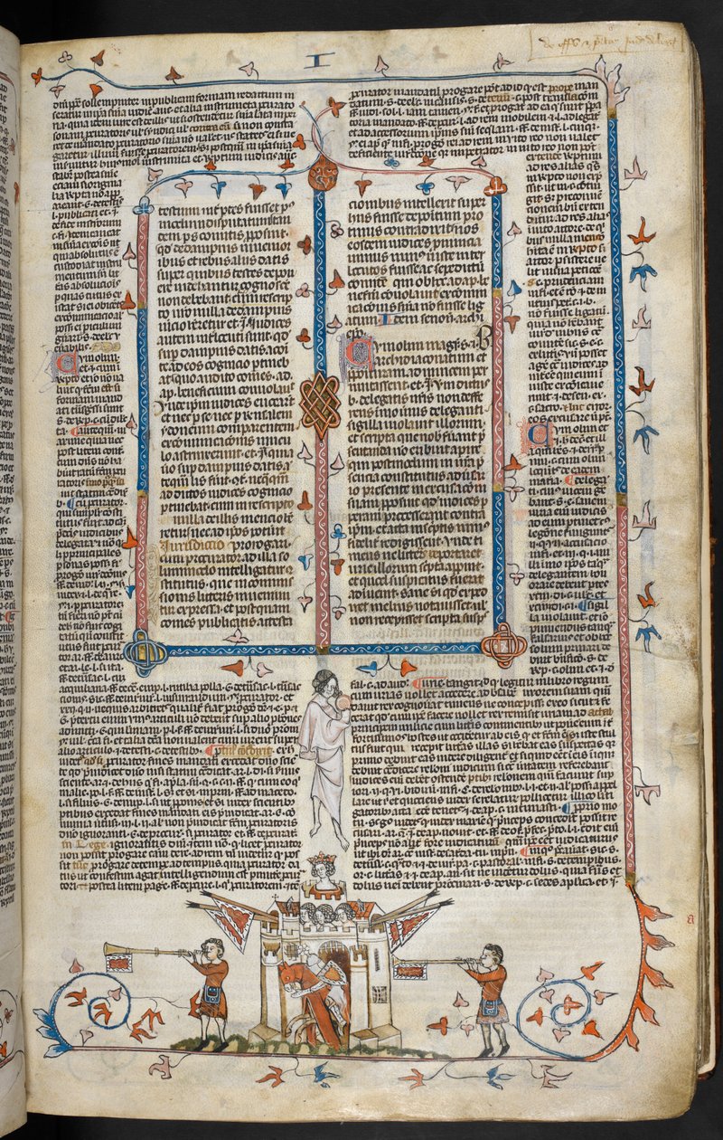 Royal MS 10 E IV f.66r, bas-de-page scen av en riddare som kommer ut från ett slott, ca 1300-40 (penna & bläck och tempera på pergament) av French School
