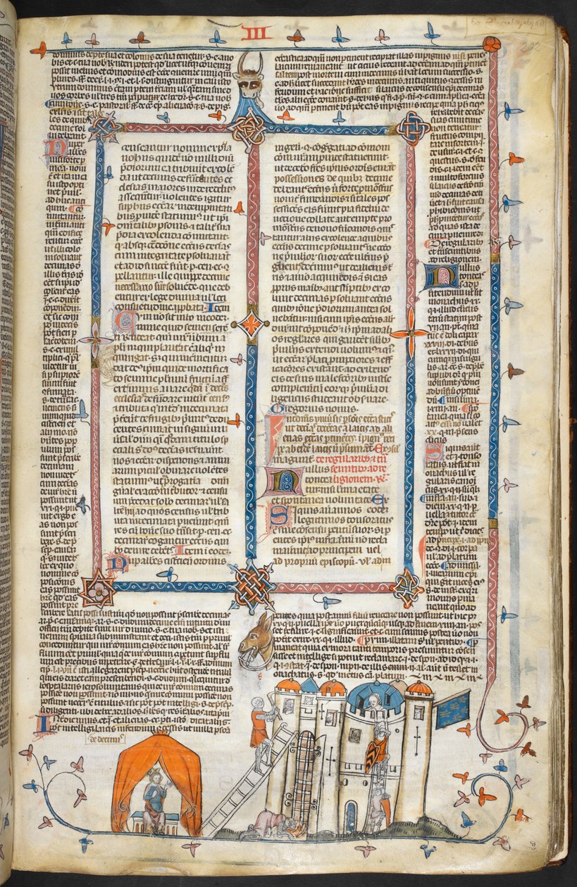 Royal MS 10 iv f.202r Attacking a Fortified Castle och Marginaldekoration, illustration från 