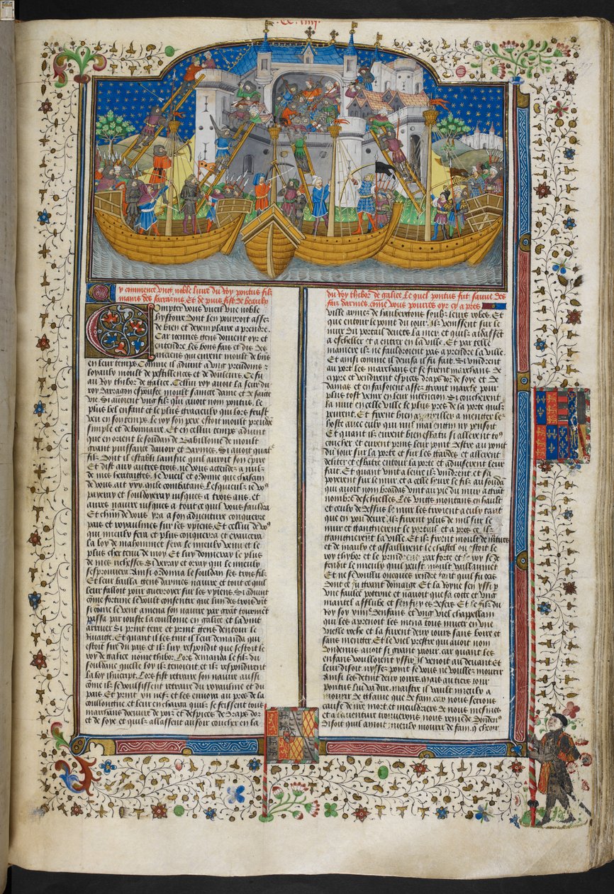 Royal MS 15 E VI, f.207 Miniatyr av fartyg som belägrar Corunna, från "Poems and Romances" eller "Talbot Shrewsbury Book" av French School