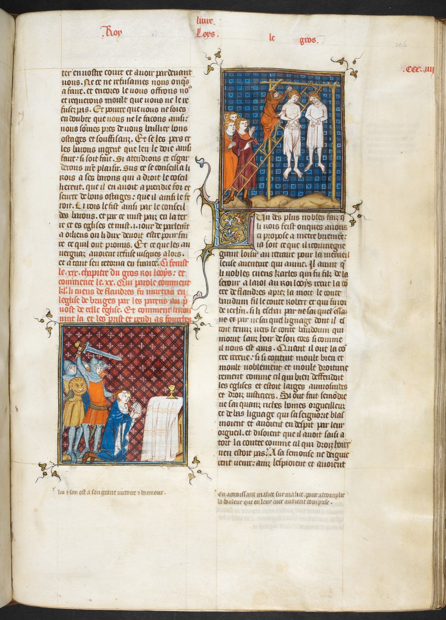 Royal MS 16 G. VI, f.306r, Mordet på Karl, greve av Flandern hängd (Louis VI, bok 20), från Les Grandes Chroniques de France av French School