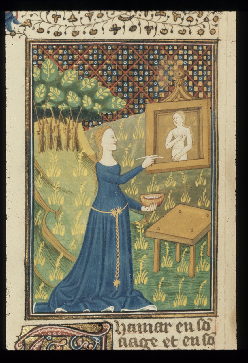 Royal MS 16 G V f.068v Sida från De claris mulieribus i en anonym fransk översättning (Le livre de femmes nobles et renomées) av Giovanni Boccaccio, c.1440 (färg & guld på veläng) av French School