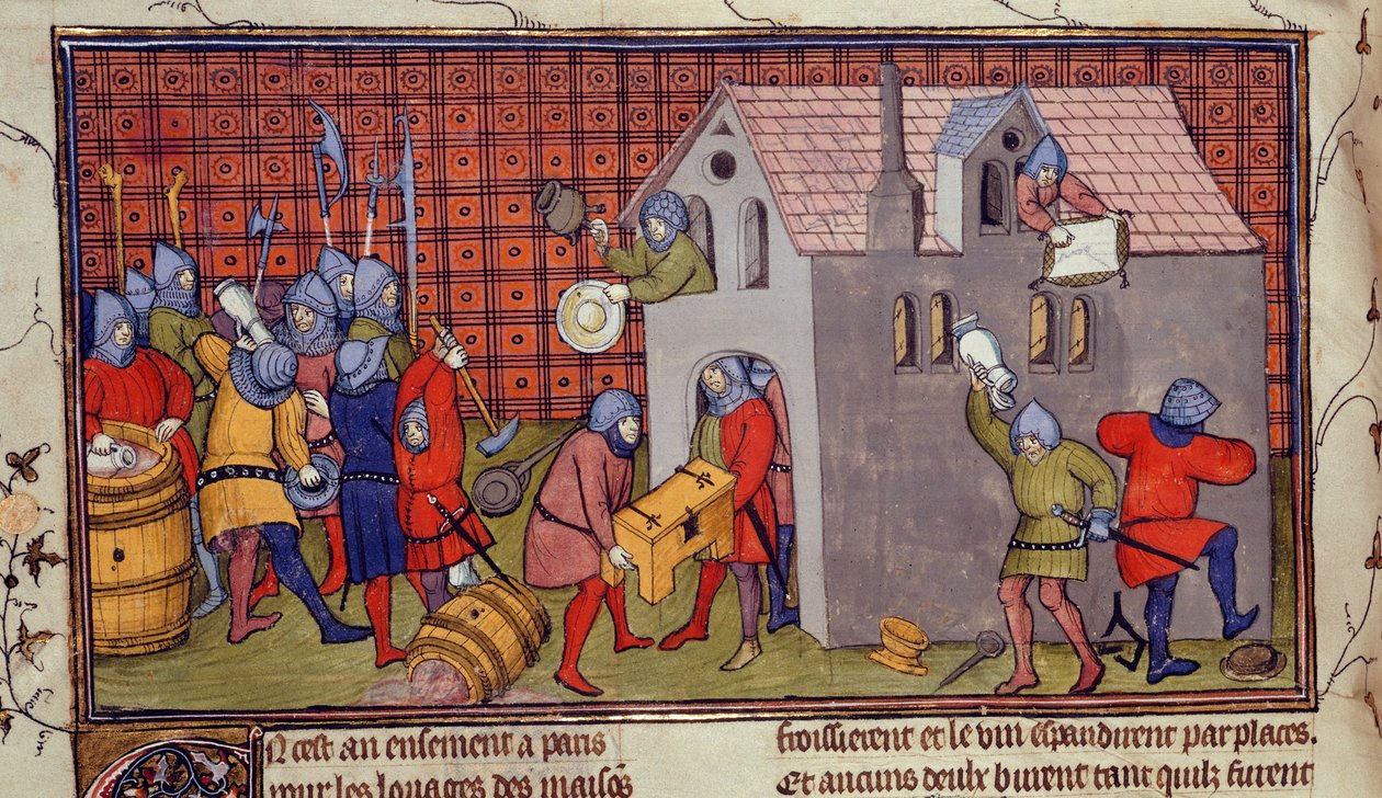 Royal MS 20 CVII f.41v, Plundring av ett hus (vellum) av French School