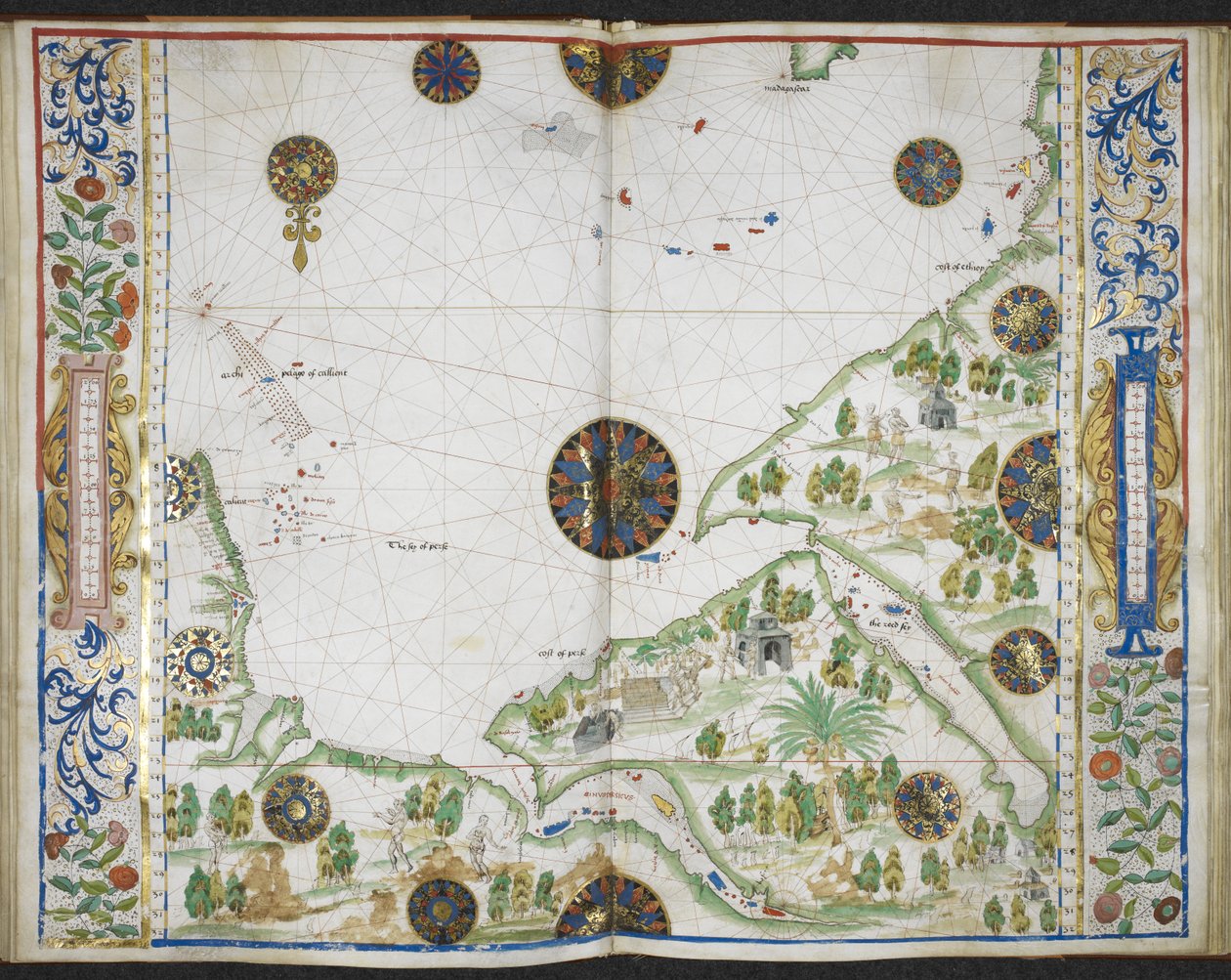 Royal MS 20 E IX f.11v till f.12r Karta över Asiens och Afrikas kuster från Kap Comorin till Kap Delgado, inklusive Persiska viken och Röda havet, från 