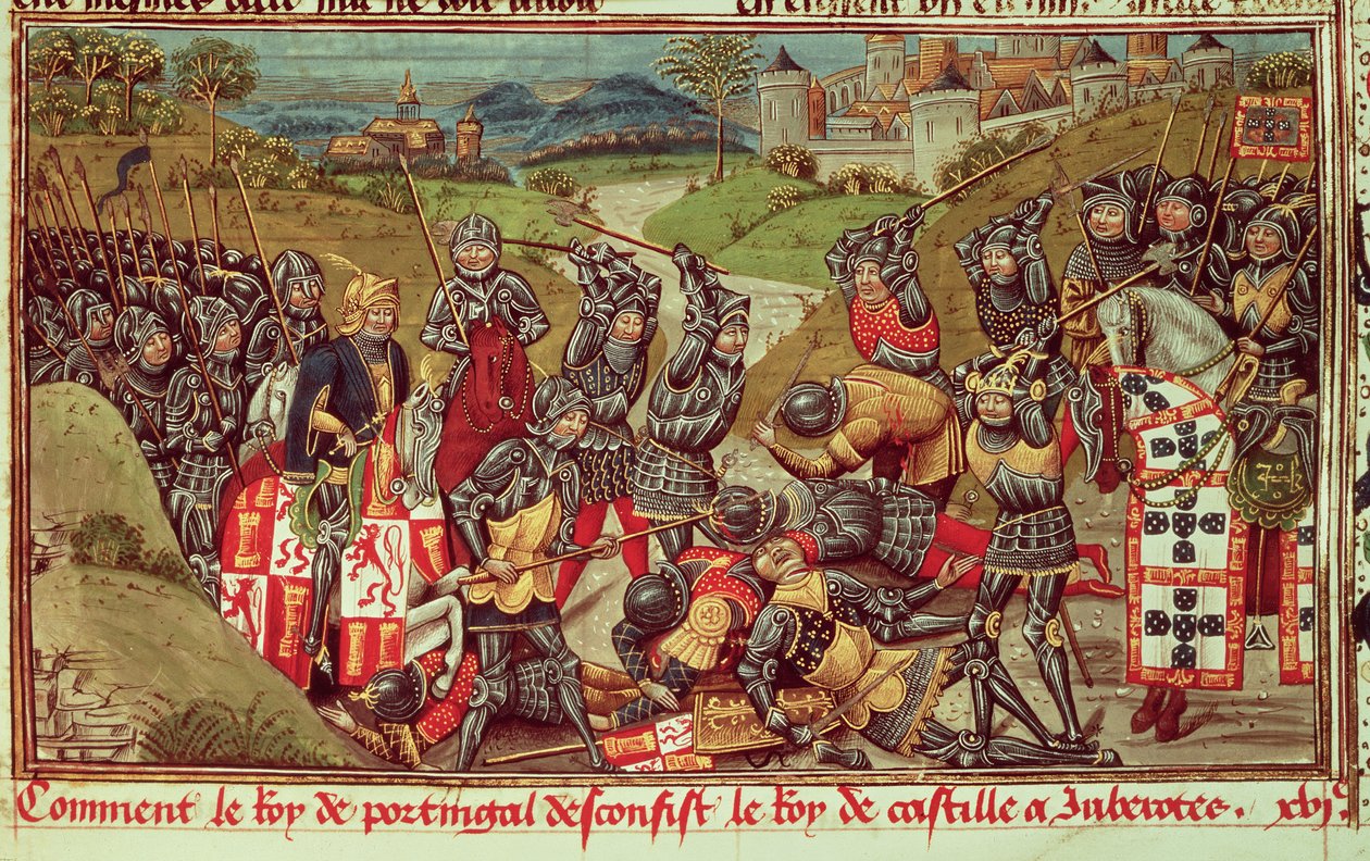 Royal Ms 14 E IV f.204: Juan I av Avis slog Juan I av Kastilien i slaget vid Aljubarrota, Portugal av French School