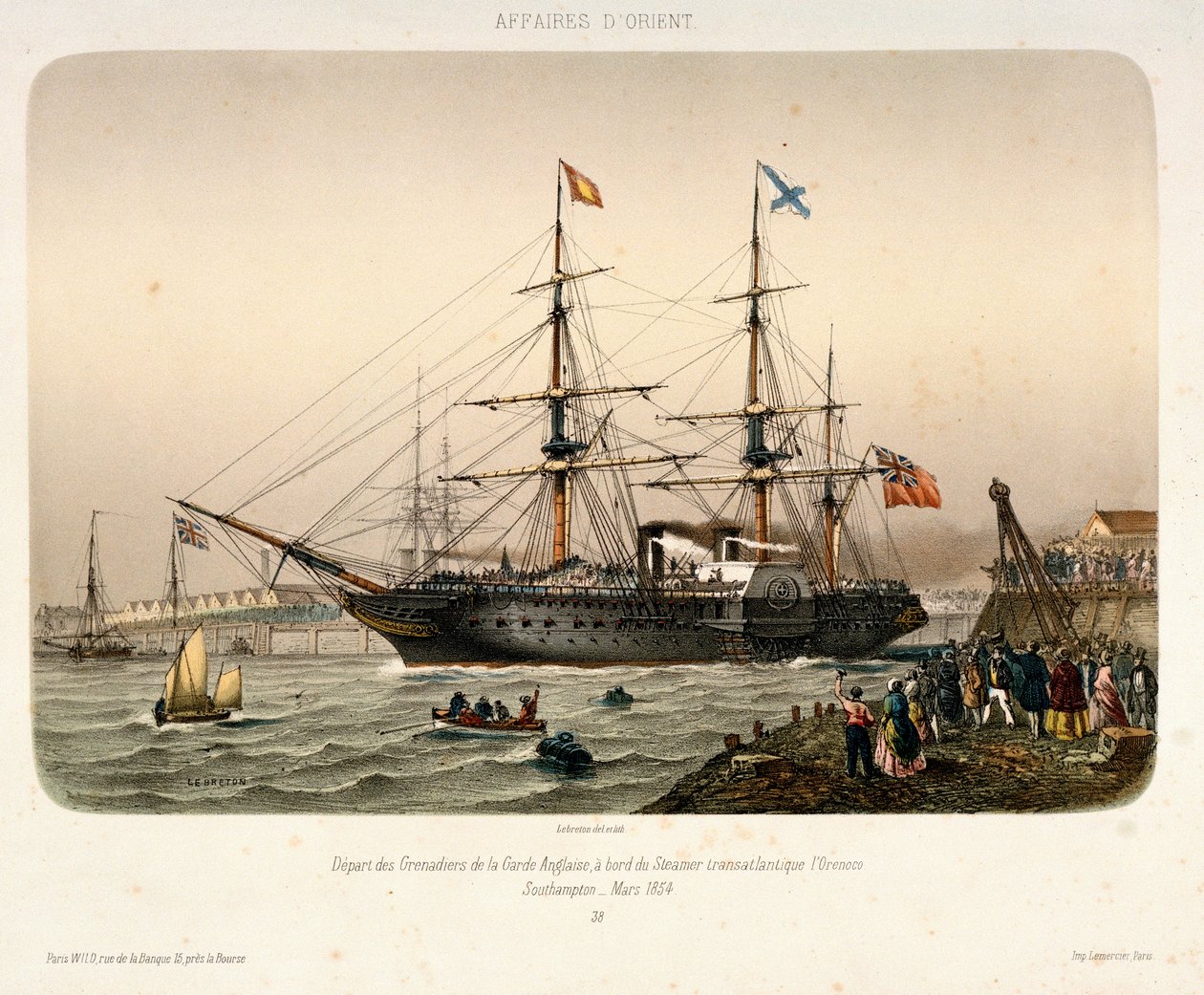 Royal West Indian Mail ångaren "Orinoco" lämnar Southampton, ca 1854 (litografi) av French School