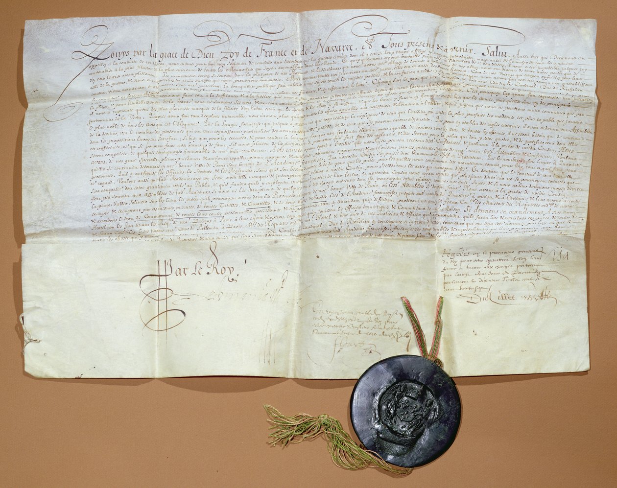 Kungligt dekret för skapandet av den franska akademin, 1635 (bläck på veläng) av French School