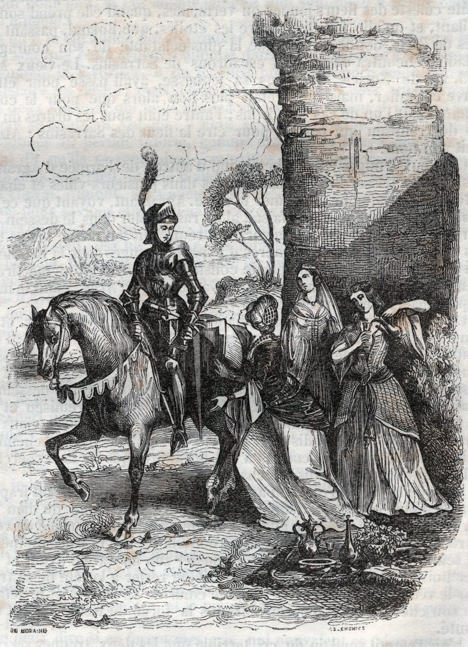 Ruggiero och tre nymfer från hovet i Alcina - gravyr från 1851 från dikten Orlando furioso av French School