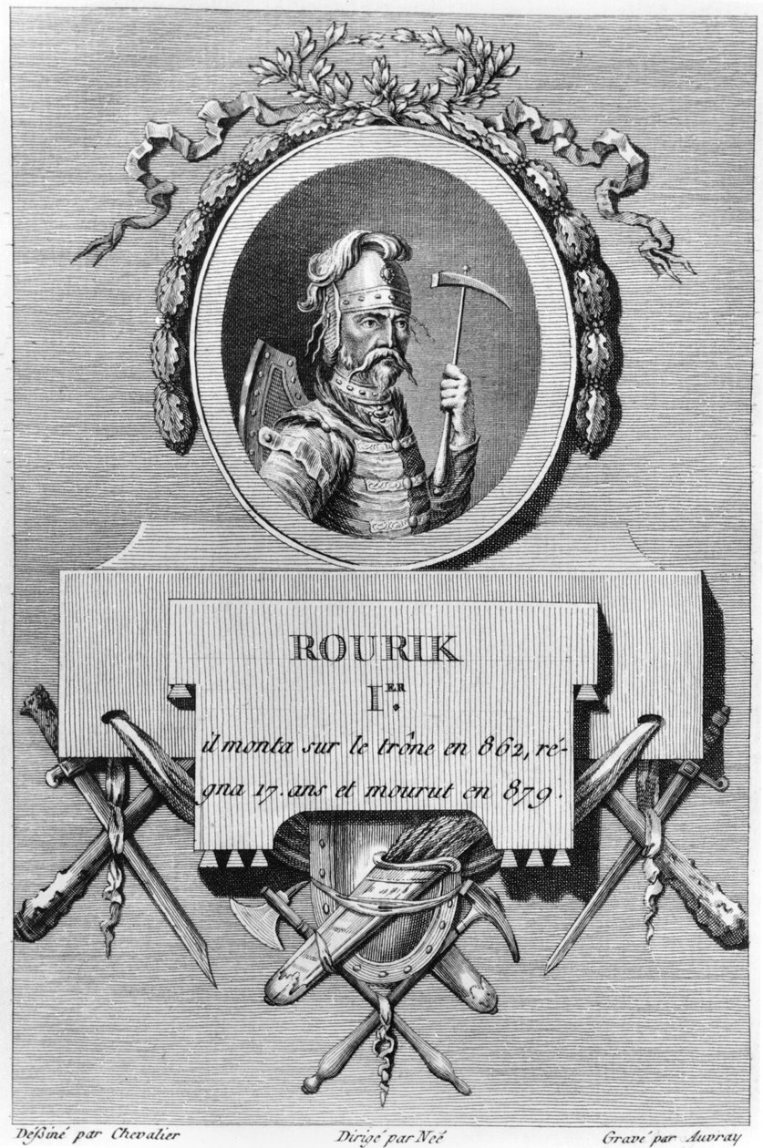 Rurik (d. 879), Rysslands första tsar, illustration från det antika Rysslands fysiska, moraliska, civila och politiska historia av Nicolas Gabriel Clerc, Paris, 1783-85 av French School
