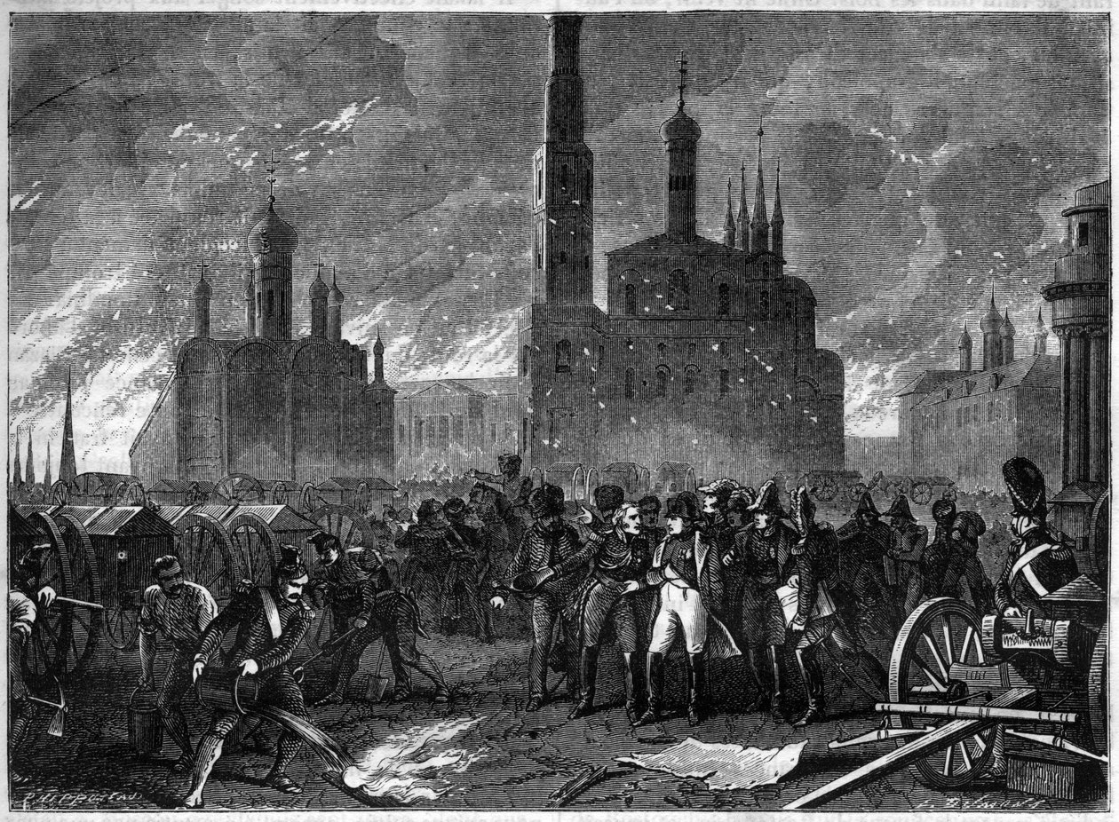 Rysslandskampanj 1812 - General Jean Ambroise Baston de Lariboisiere uppmanar Napoleon att lämna Kreml på grund av explosionsrisk - Moskvabrand 1812 - General Lariboisiere tvingar Napoleon att lämna Kreml och hotar med en formidabel explosion - av French School