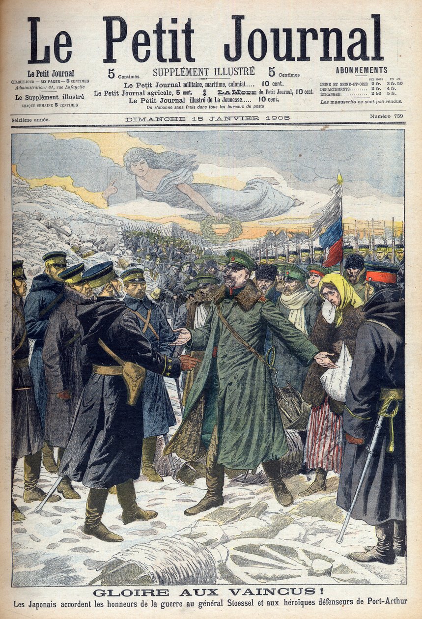 Rysk-japanska kriget 1904-1905: Japaner tillåter general Stoessel och de ryska försvararna av Port Arthur hedervärd kapitulation. Från Le petit Journal, Paris av French School