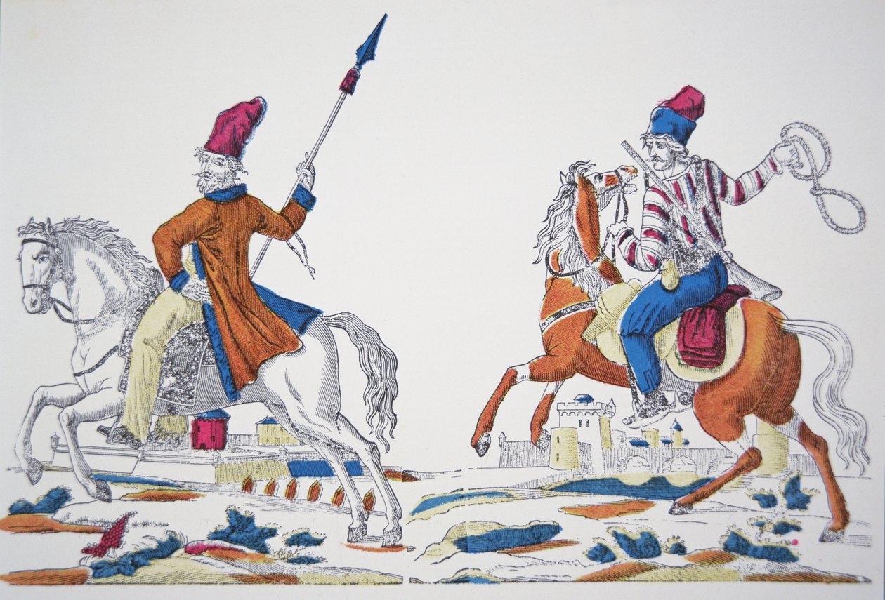 Ryska kosacker vid tiden för Napoleons invasion 1812 (färg litho) av French School