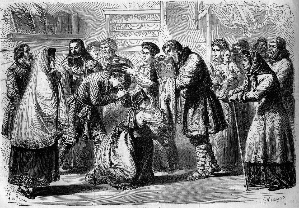 Rysk sed - Bröllop - 1860: ceremoni före bröllopet. Gudfar och gudmor välsignar framtida äktenskap. Gudfadern presenterar för dem bilden av Kristus eller Jungfrun, symbol för religiös invigning. Gudmodern håller bröd och salt ovanför huvudet på av French School