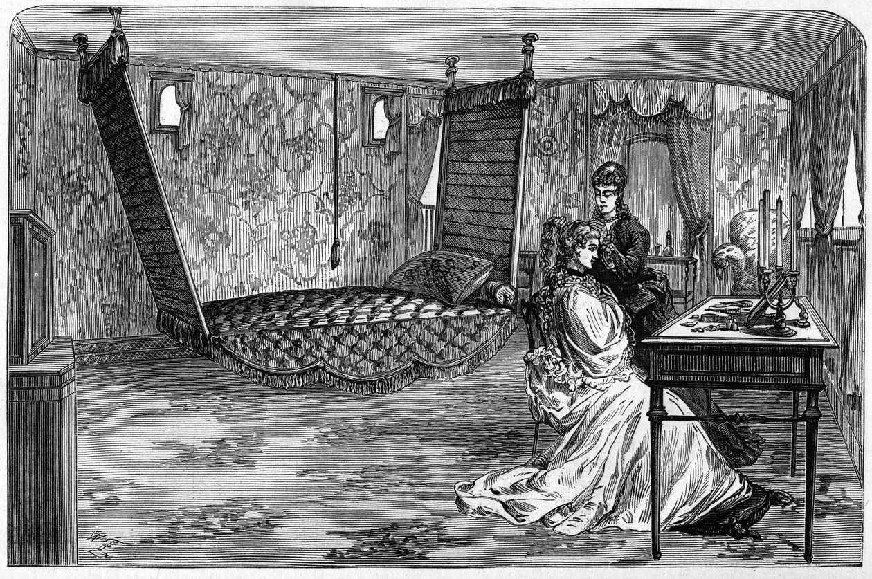Ryska imperietåget som användes av hertigen och hertiginnan av Edinburgh 1874: sovrumsvagnen. Gravyr i "" Le Monde Illustré"" nr 886 av 6 april 1874. av French School