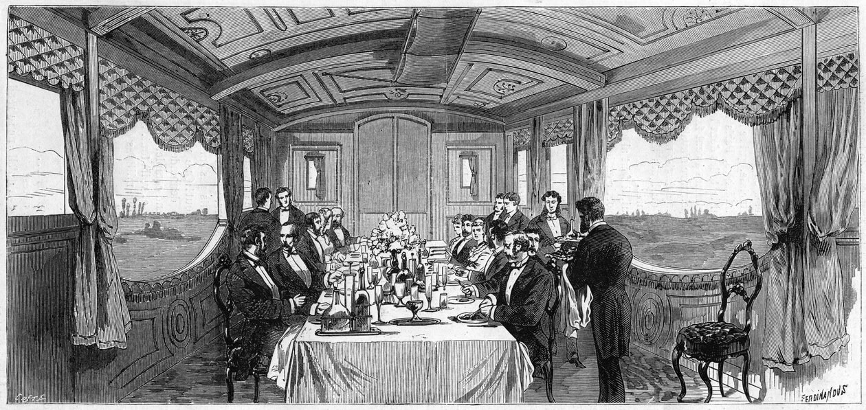 Ryskt kejserligt tåg som användes av hertigen och hertiginnan av Edinburgh 1874: matsalsvagnen. Gravyr i "" Le Monde Illustré"" nr 886 av 6 april 1874. av French School