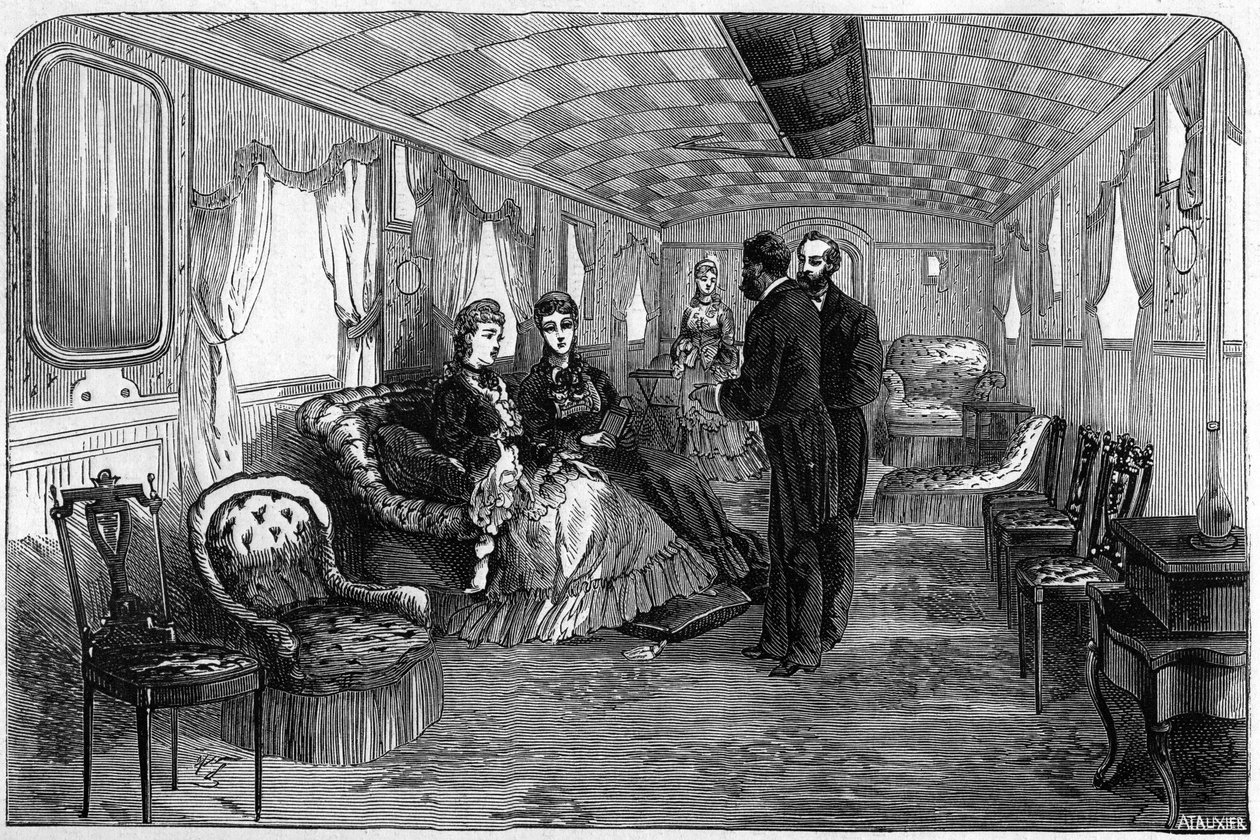 Ryskt kejserligt tåg som användes av hertigen och hertiginnan av Edinburgh 1874: salongsvagnen. Gravyr i "" Le Monde Illustré"" nr 886 av 6 april 1874. av French School