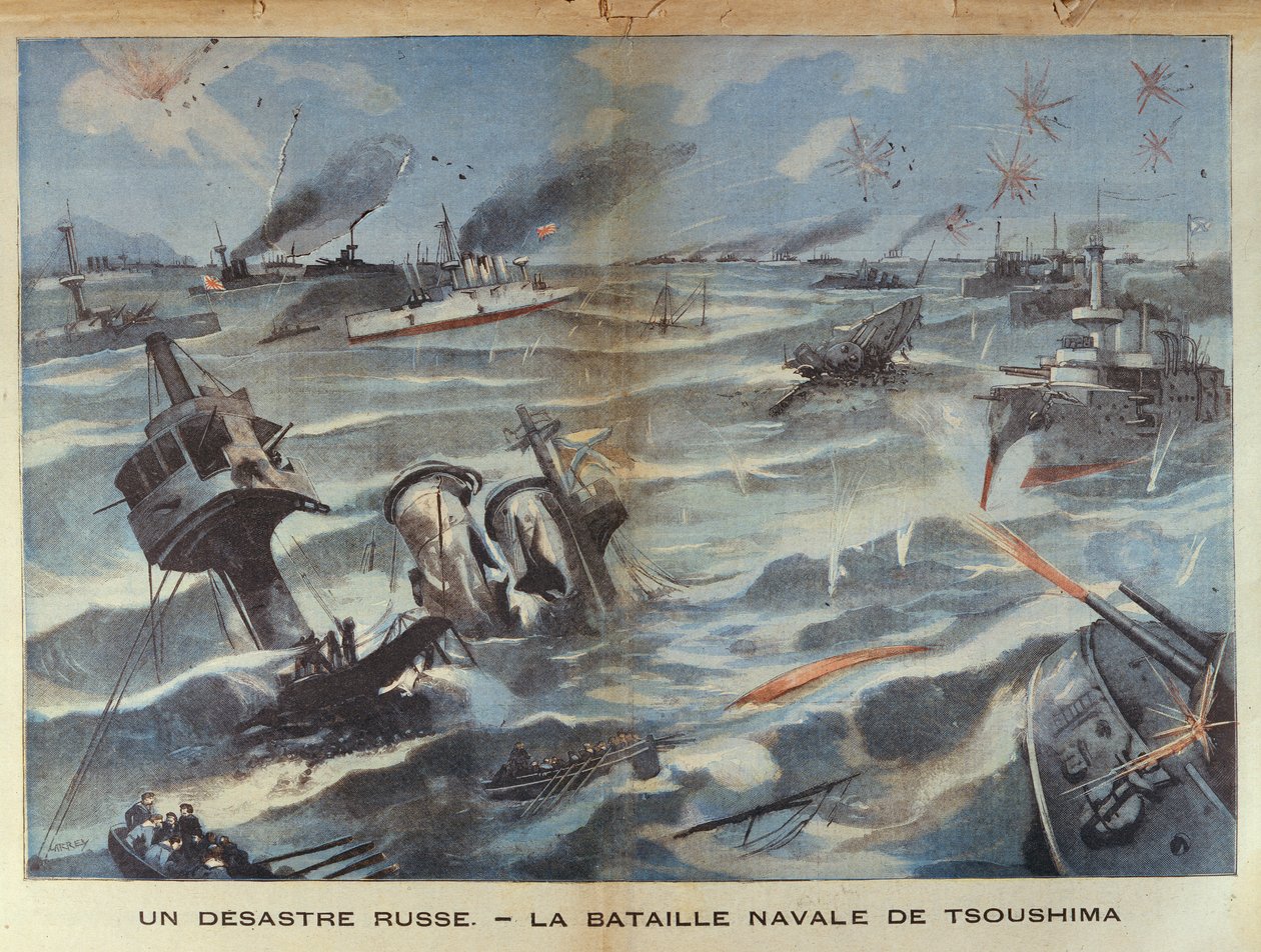 Rysk sjökatastrof under slaget vid Tsushima 1905, illustration från Le Petit Parisien, 2 juli, 1906 av French School