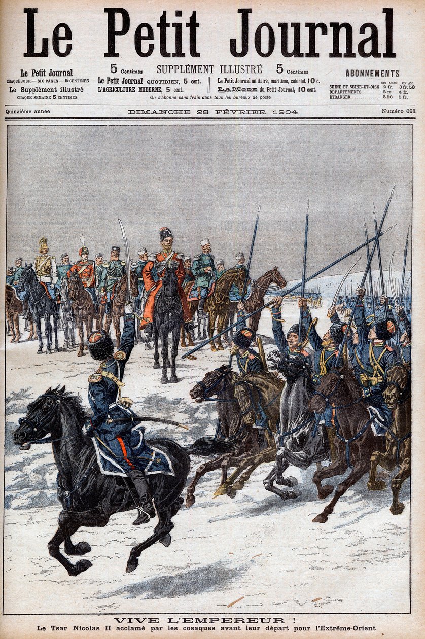 Rysk-japanska kriget 1904-1905 - Kosacker som hyllar tsar Nicholas II innan de reste till Fjärran Östern för att slåss mot japanerna i "Le Petit Journal", 28 februari 1904 (gravyr) av French School