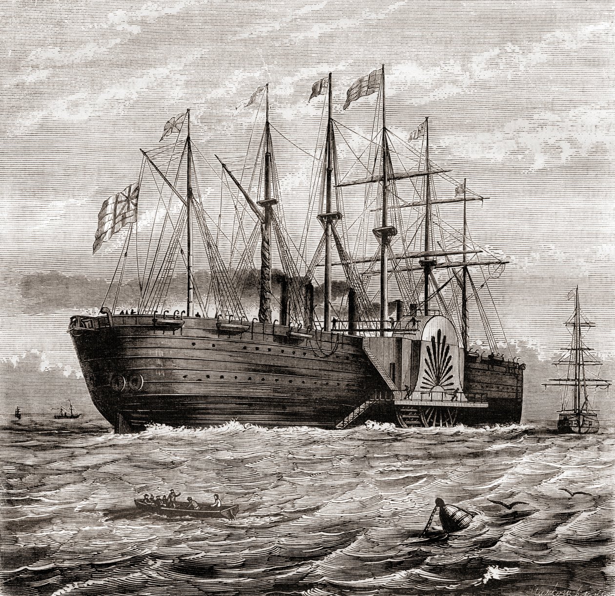 SS Great Eastern, järnseglande ångfartyg designat av Isambard Kingdom Brunel, från Les Merveilles de la Science, publicerat ca 1870 (gravyr) av French School