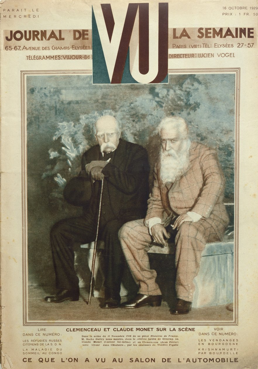 Sacha Guitry (1885-1957) som Claude Monet (1840-1926) och Jean Perier som Georges Clemenceau (1841-1929) i en scen från Histoires de France, från Vu magazine, 16 oktober 1919 av French School
