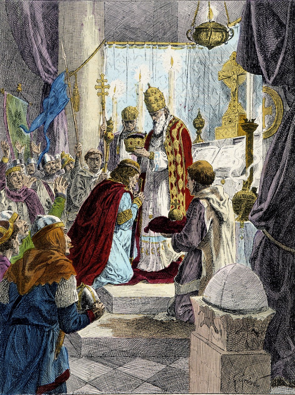 Helig (kröning) av Karl den Store (742 - 814) år 800 av påven Leo III. av French School
