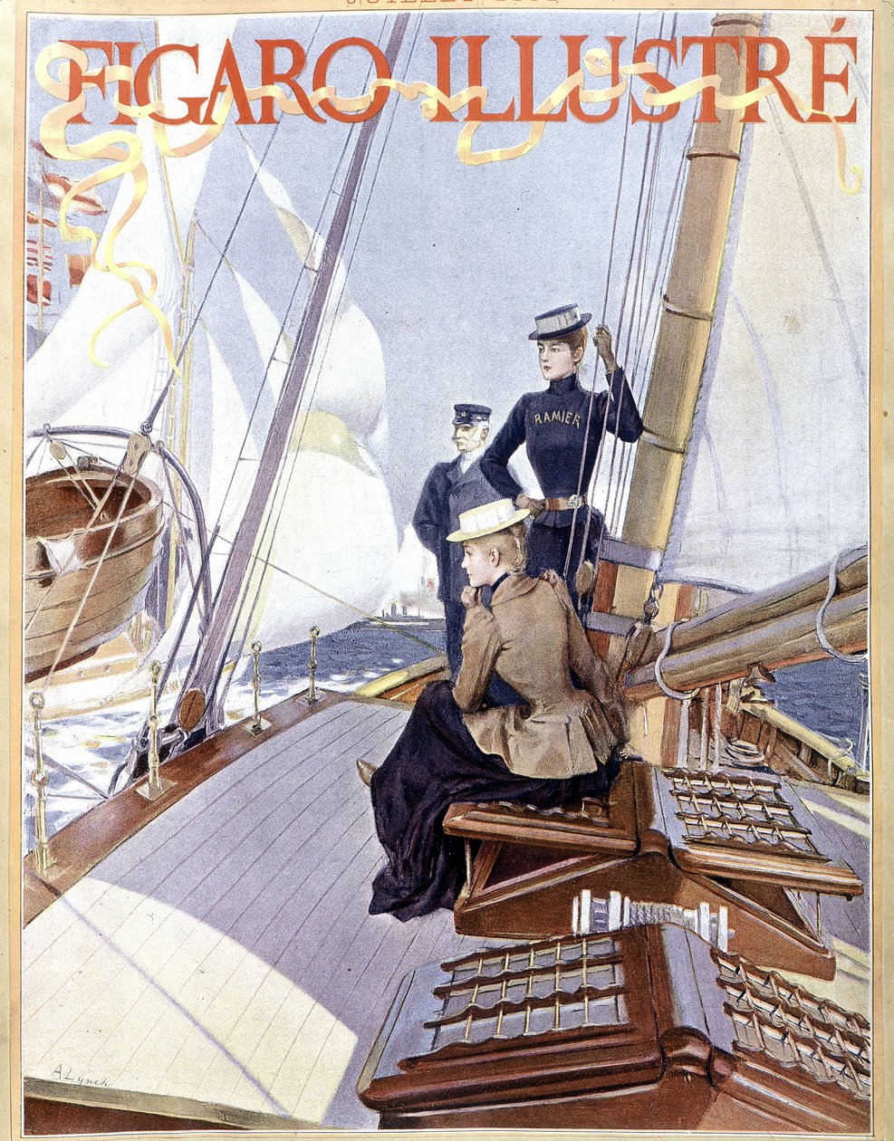 Segling: kvinnor på däck av en båt - ritning i "" Figaro illustrerad"" från 1891, Arts Deco. av French School