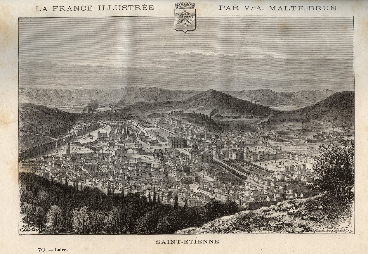 Saint-Etienne (Saint Etienne) - gravyr i "" Frankrike illustree: geografi, historia, statistisk administration"" av V.-A. Malt-brunt. 1884 av French School