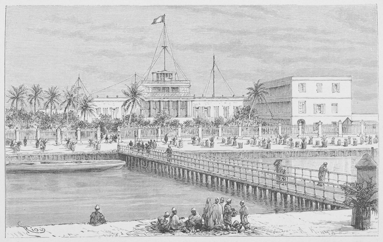 Saint-Louis, utsikt över N"Dar, Pont de Guet, illustration från "Le Senegal..." av Louis Leon Faidherbe, 1889 av French School
