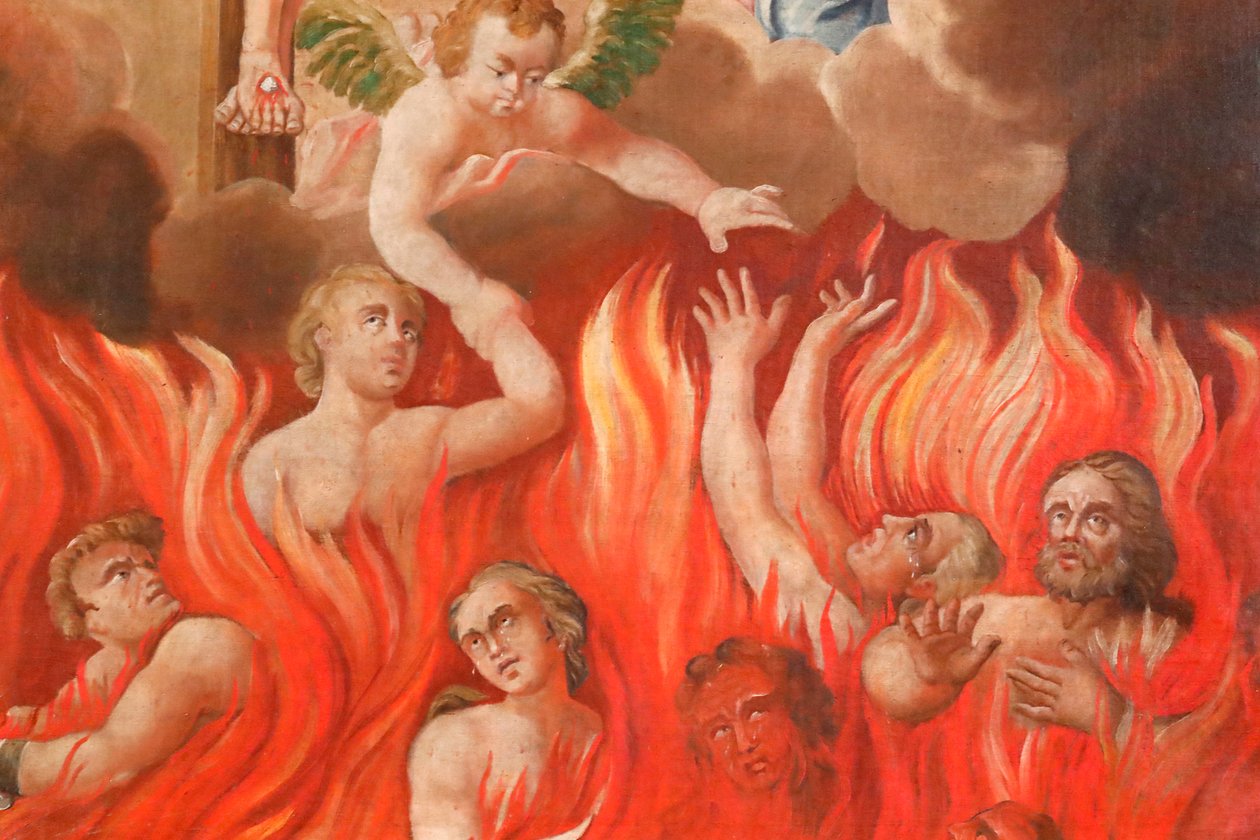 Saint-Nicolas de Veroce kyrka. Sista domen: fan. En grupp av de frälsta. Målning. Frankrike. av French School