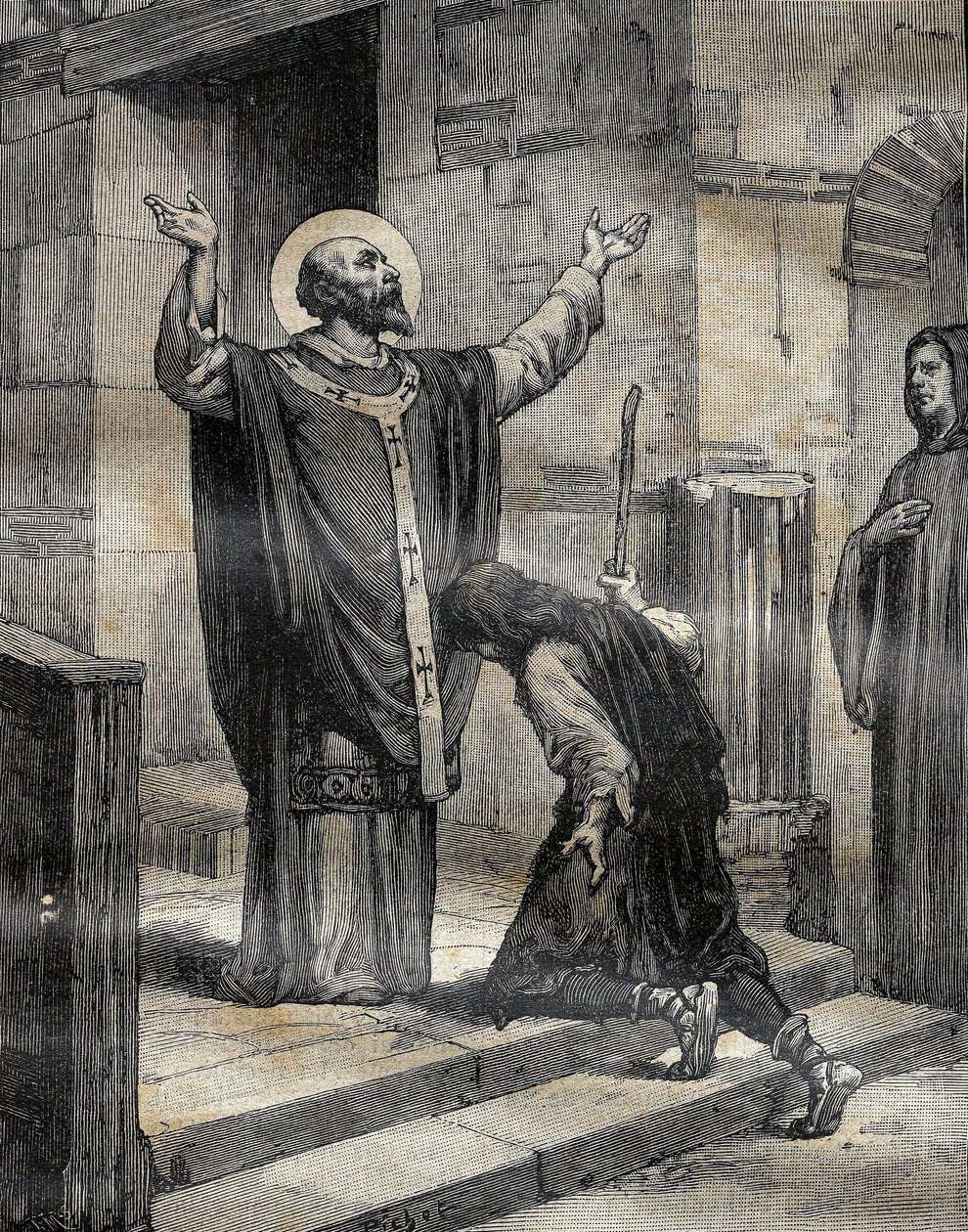 Saint Aubert (Saint-Aubert) eveque av Cambrai och Arras (633-667?), välkomnade sin lärjunge och förlorade gudson, Landelin (613-) son till herrmannen i Vaulx och förlät honom hans tre år av misstag. Gravyr i "" Le Pelerin"" 1899-12-16. av French School