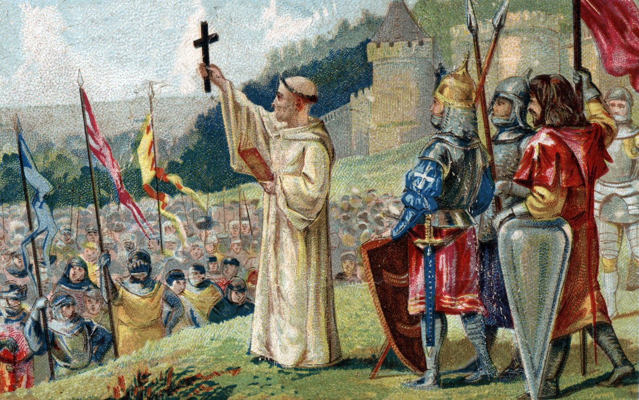 Sankt Bernard av Clairvaux (San Bernardo di Chiaravalle) predikar det andra korståget i närvaro av kung Ludvig VII och drottning Alienor av Aquitaine och Abbe Suger, i Vezelay i Bourgogne den 31 mars 1146. (St. Bernard predikar det andra korståget i Vez av French School