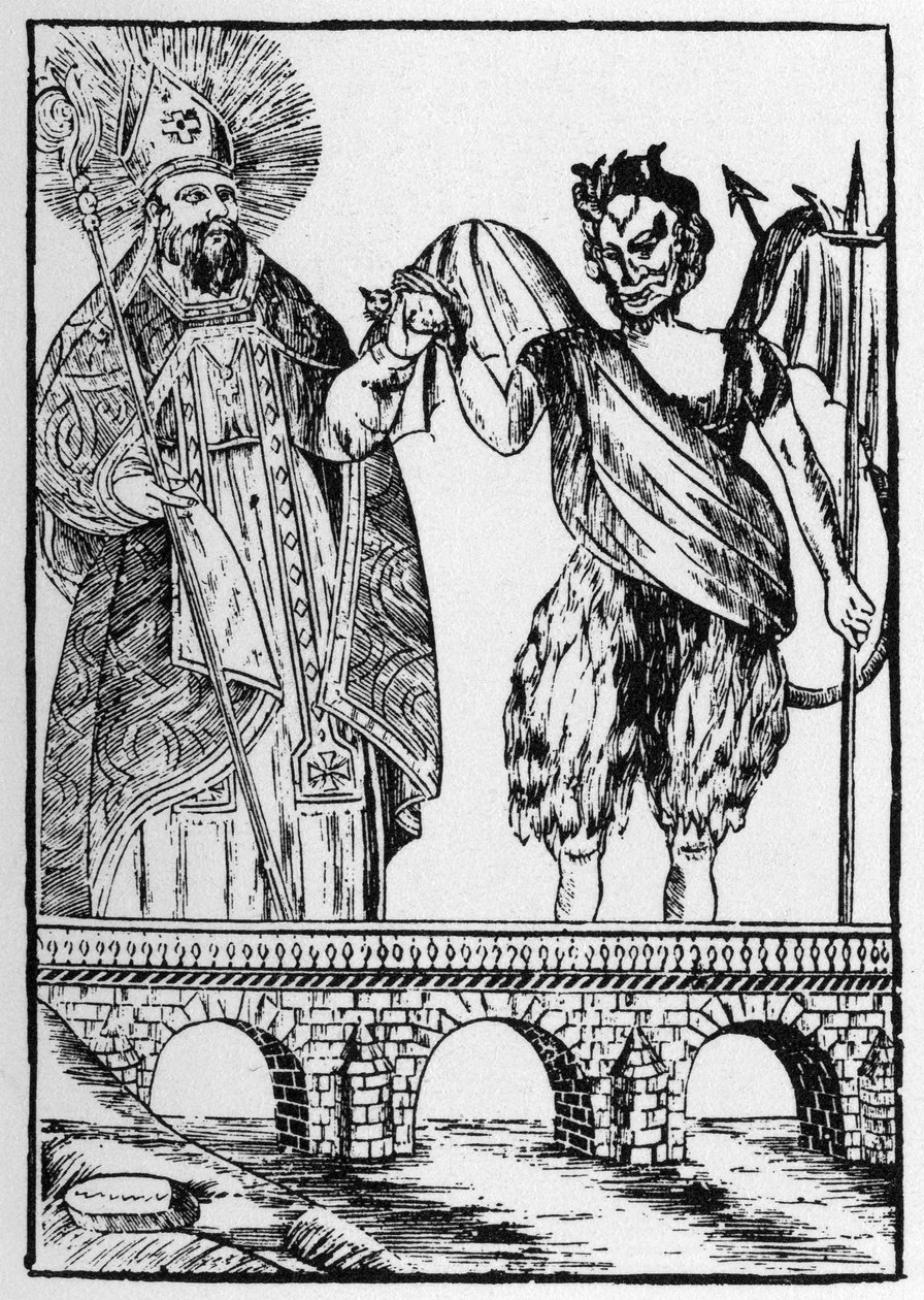 Saint Cado (eller Cadoc eller Catuod eller Catoc eller Cazut eller Cadochus) legendariska helgonet Christian ger en katt till djävulen i utbyte mot att bygga en bro - populära bilder Perret av French School