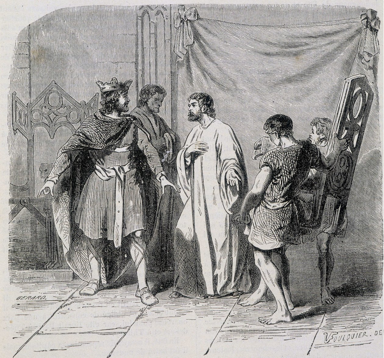 Saint Eloi och Dagobert: Dagobert blev förvånad när Eloi presenterade honom den andra fåtöljen - grav. 1800-talet av French School