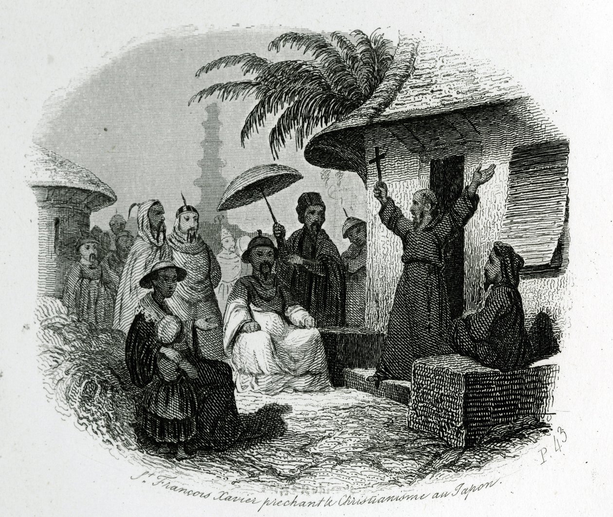 Saint Francois Xavier predikar kristendomen i Japan. Gravyr till Illustratörens historia och beskrivning av Japan av Pere de Charlevoix, A.Mame et Compagnie editors, Tours av French School
