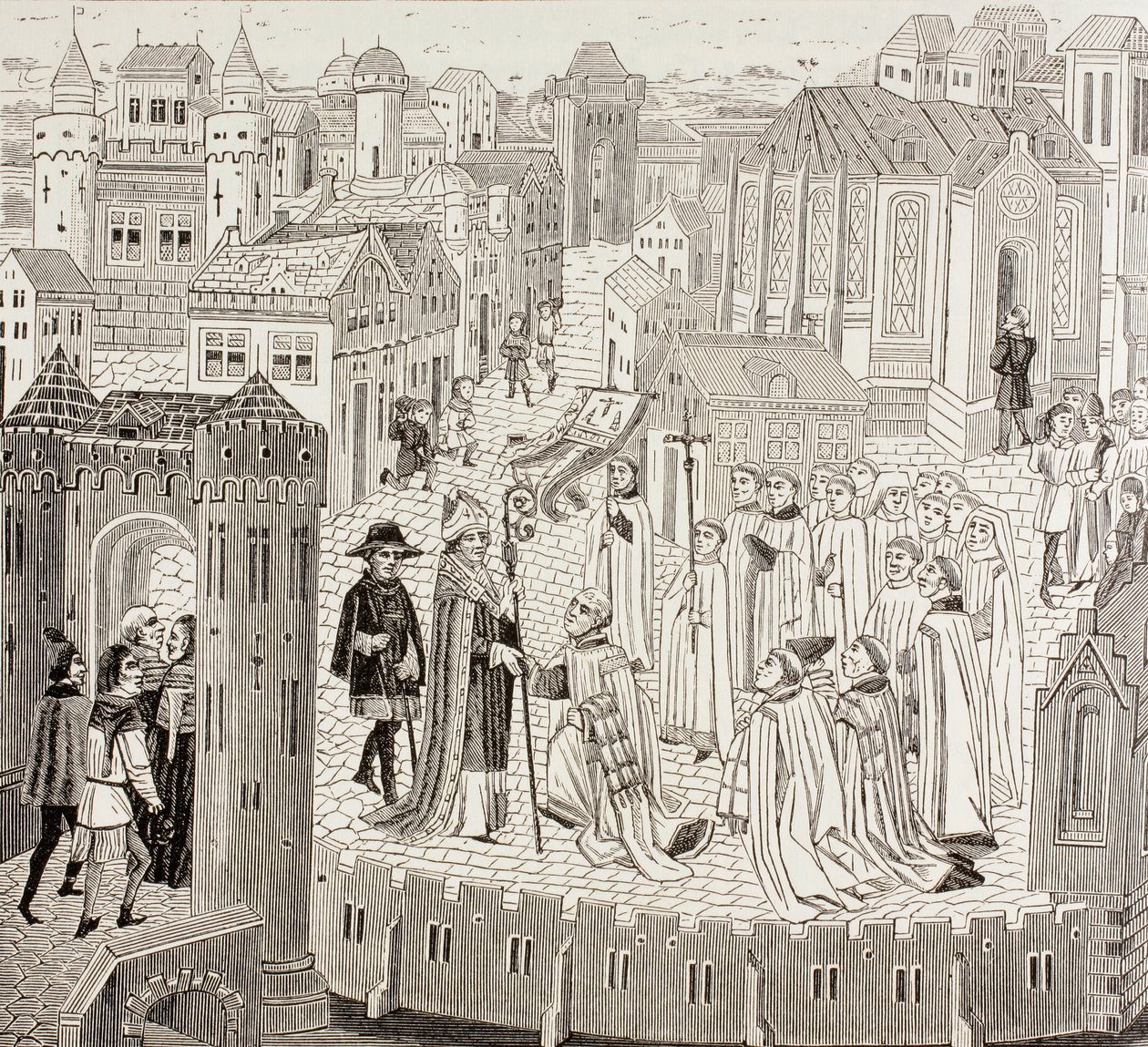 Saint Gaugericus, biskop av Cambrai, anländer till staden för sin utnämning, från "Military and Religious Life in the Middle Ages" av Paul Lacroix, publicerad i London ca 1880 av French School