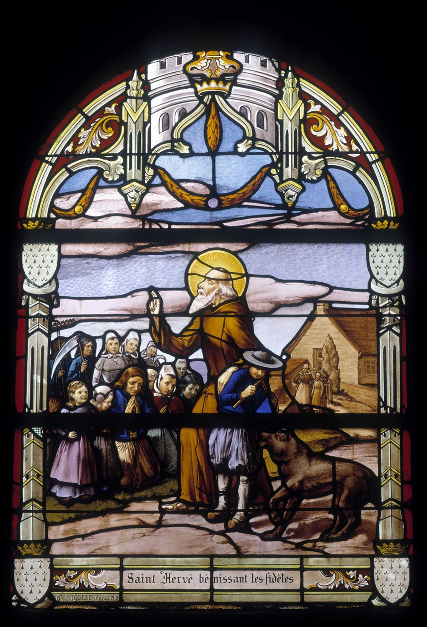 Saint Hervé välsignar de trogna - målade glasfönster i St Germain-kyrkan i Kerlaz av French School