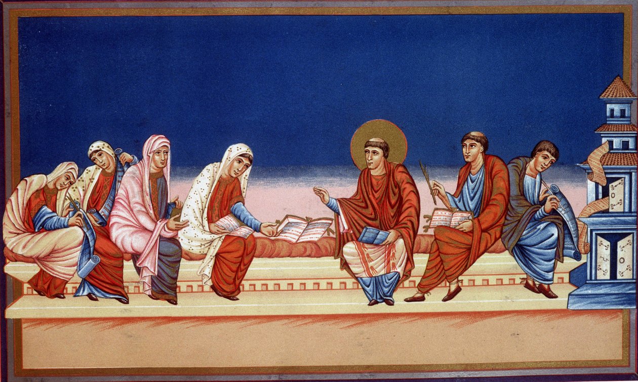 Den helige Hieronymus förklarar evangeliet för Eustochia och Paule, 900-talet. av French School