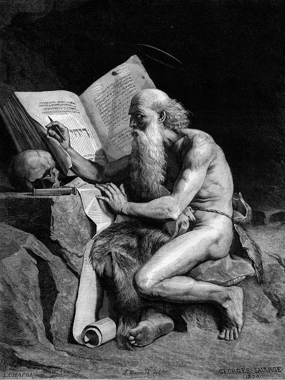 Saint Hieronymus i öknen. Gravyr efter målningen av Georges Sauvage (Auguste Albert Georges Sauvage dit) (1800-talet). Gravyr i "" Le Monde Illustré"" nr 1196 den 28 februari av French School