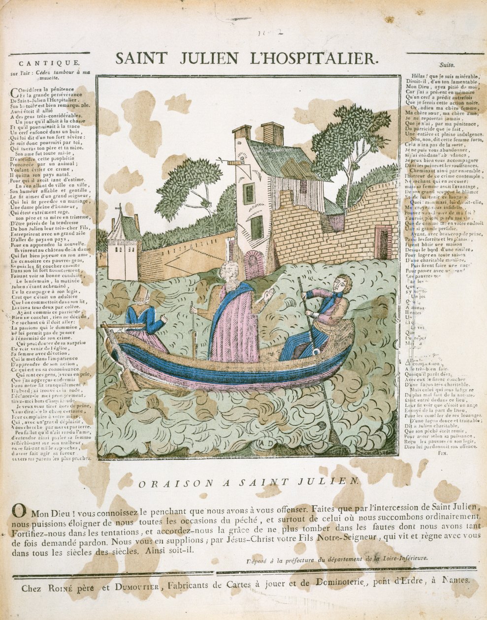 Saint Julian the Hospitaller som ror resenärer över en flod, illustration från LImagerie Populaire av P.L. Duchartre & R. Saulmer av French School