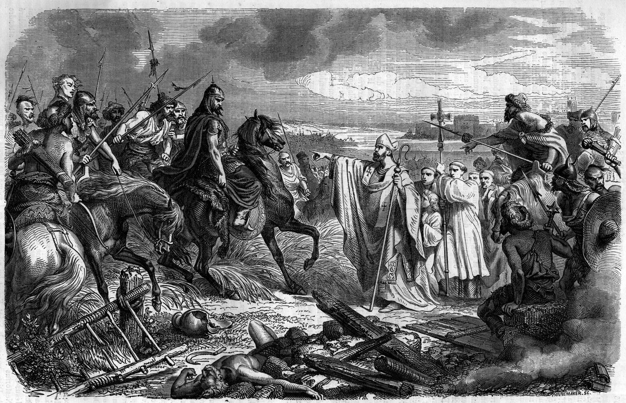 Saint Loup (eller Saint-Loup, v.383-479), eveque av Troyes räddar staden från vreden hos Attila (v. 406-453), kungen av hunsstammarna 451 - Barbarians invasioner - Gravyr i "Histoire des" Papes-King-Queen-and-Empereurs a travers les centuries” av Ma av French School