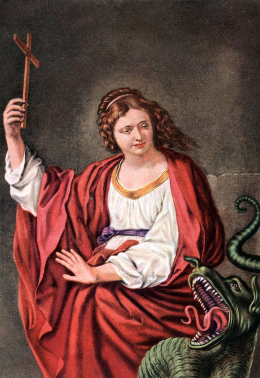 Saint Margherita och draken, från en "uppsättning religiösa utbildningsvykort", ca 1950 (lito i färg) av French School