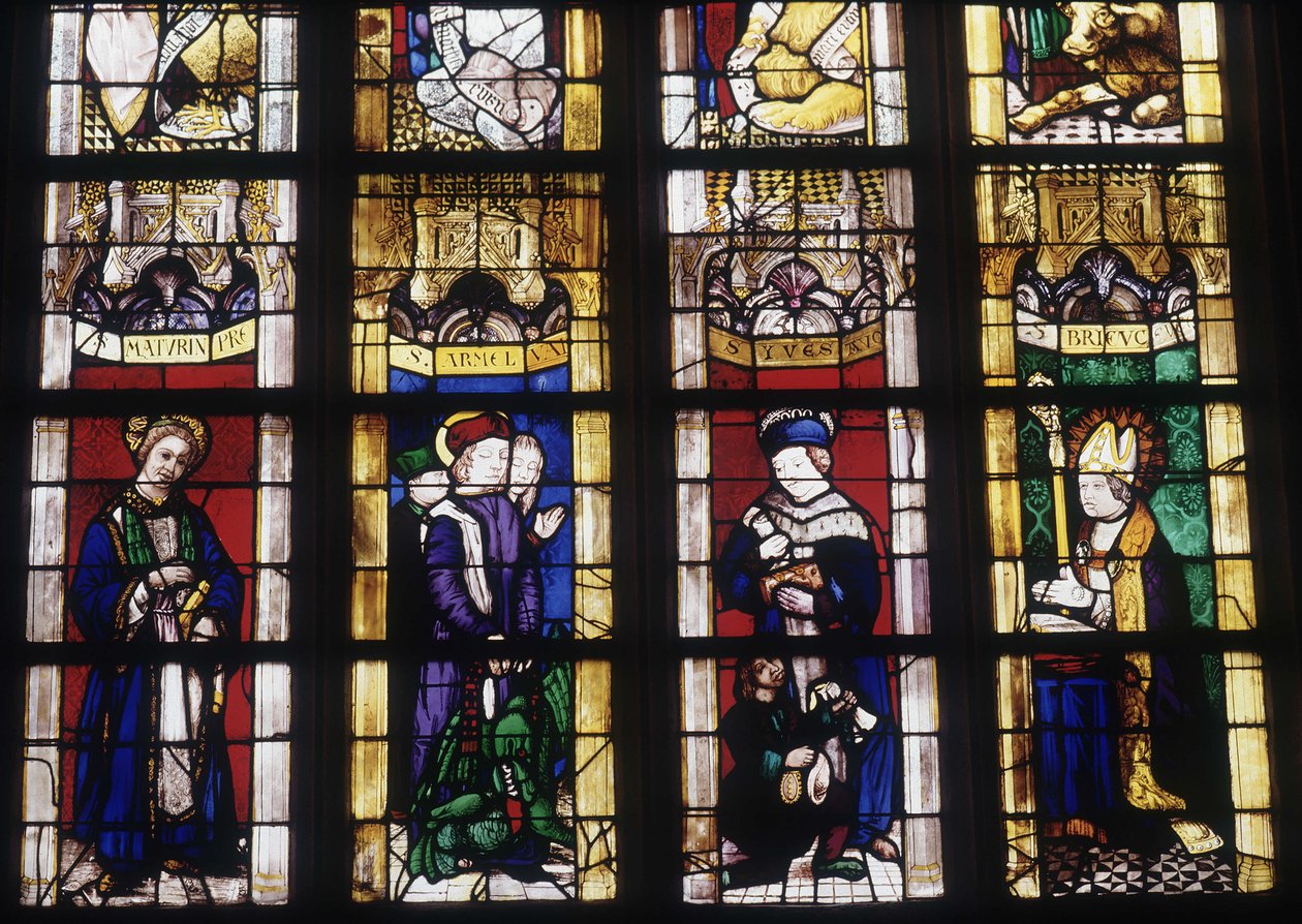Saint Maturin, Saint Yves, Saint Armel och Saint Brieuc - målat glas från Church of Saint Saviour of Dinan av French School
