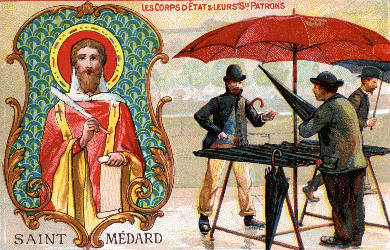 Saint Médard, paraplysäljarnas skyddshelgon, ca 1910 (lito i färg) av French School