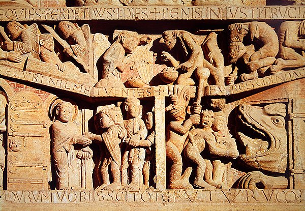 Sankt Peter tar emot de välsignade till himlen och de fördömda faller i helvetets käftar, detalj från den sista domen på den västra portalen Tympanum, ca 1135 av French School
