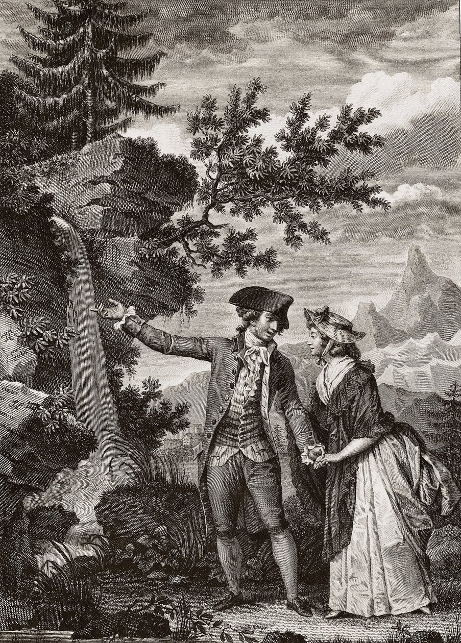 Saint Preux och Julie gravyr från 1793 för "Julie ou la nouvelle Heloise" av den schweiziska filosofen Jean Jacques (Jean-Jacques) Rousseau (1712-1778) - Julie och Saint-Preux, illustration från "La Nouvelle Heloise" av Jean-Jacques Rousseau (1712-78) (gra av French School