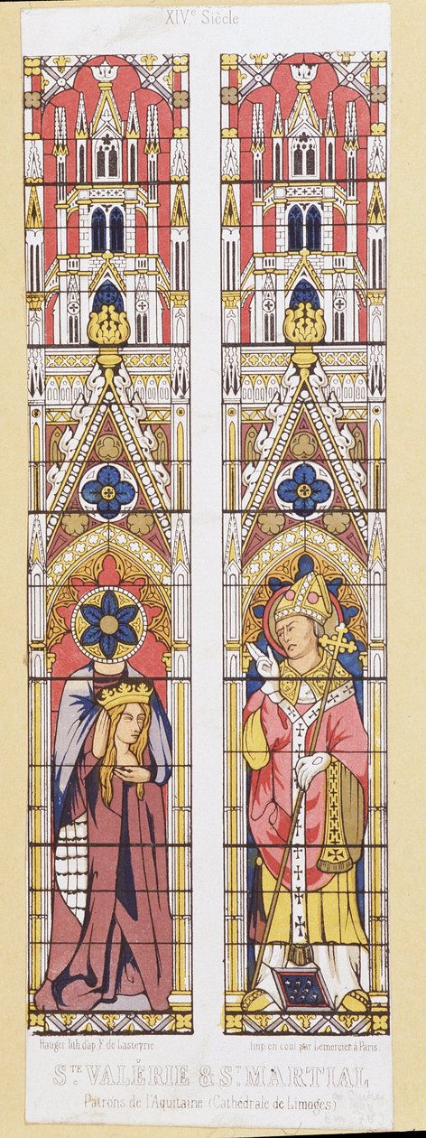 Saint Valerie, jungfru och martyr i Limoges (3:e århundradet) och Saint Martial, eveque av Limoges (3:e århundradet), beskyddare av Aquitaine. Fac-liknelse som återger de målade fönstren i Cathedrale de Limoges. av French School