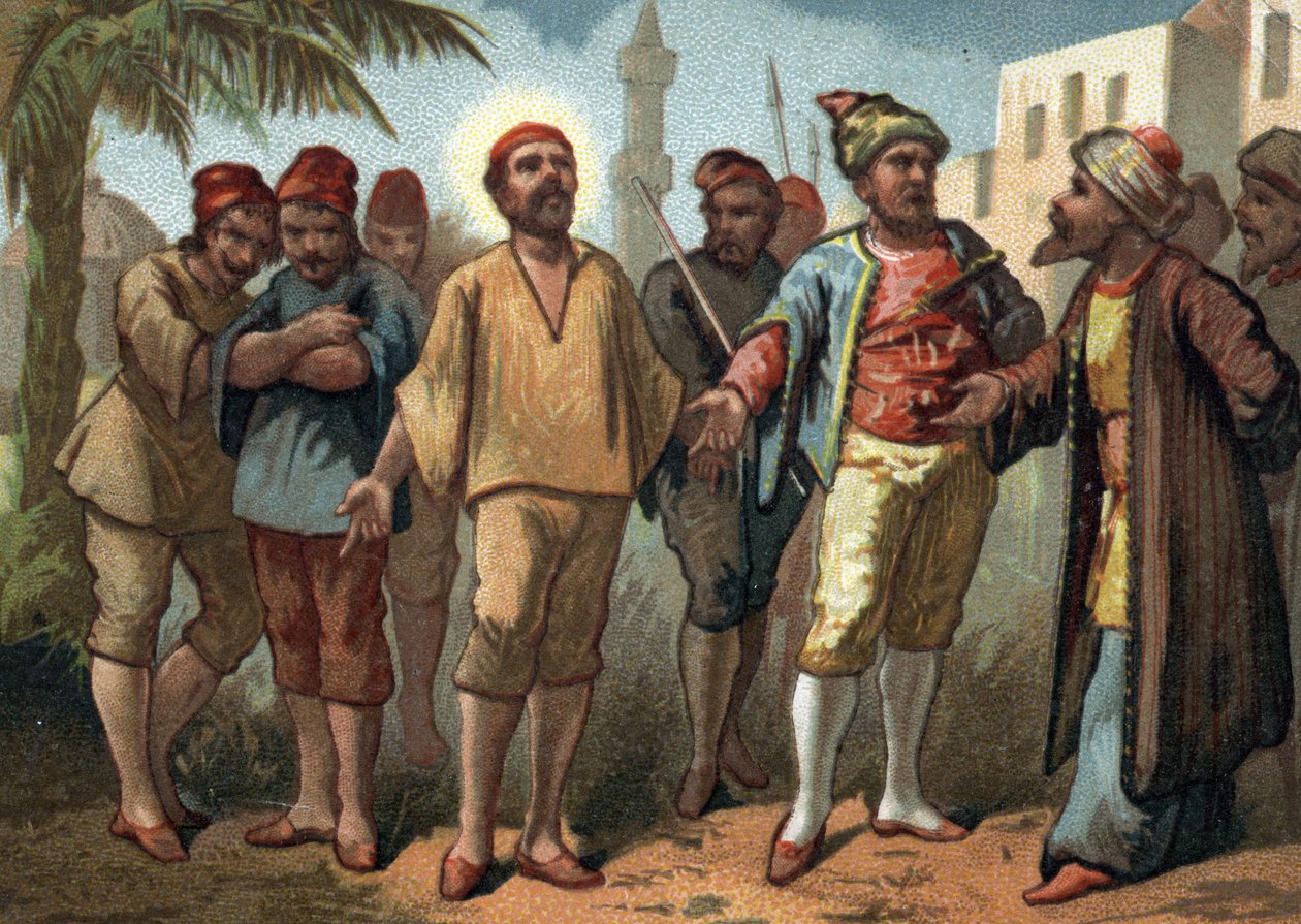 Saint Vincent de Paul (1581-1660), präst tillfångatogs av turkiska pirater som sålde honom som slavar i Tunis. Kromolitografi från slutet av 1800-talet. av French School